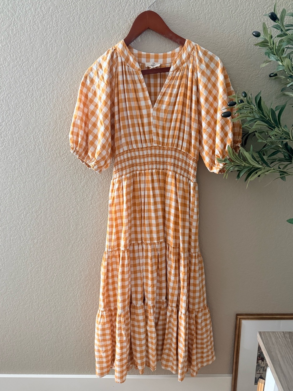 Entro Orange White Gingham Smocked Waist Tiered Maxi Dress Size L